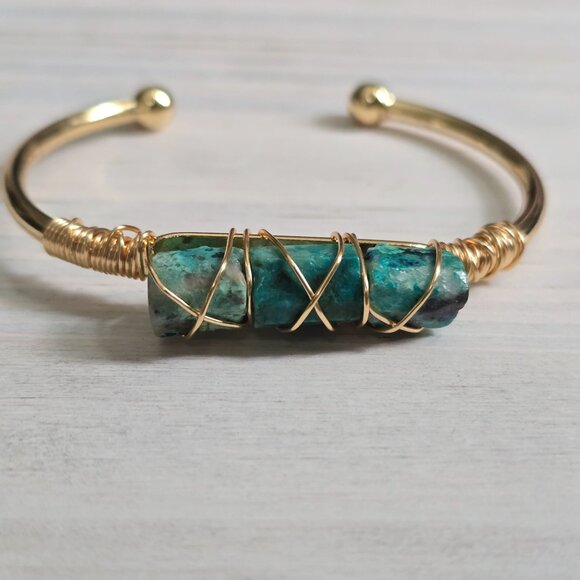 Chrysocolla Goddess Energy Wire Wrap Cuff w/ 14Kt Gold Over Brass – NWT - Picture 3 of 11